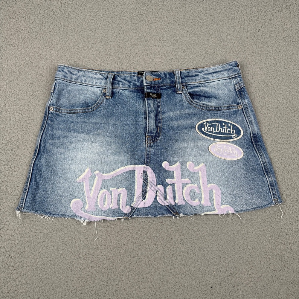 Von Dutch Denim Skirt Women 7/28 Blue Originals Mini Raw Hem Logo Graphic Y2K